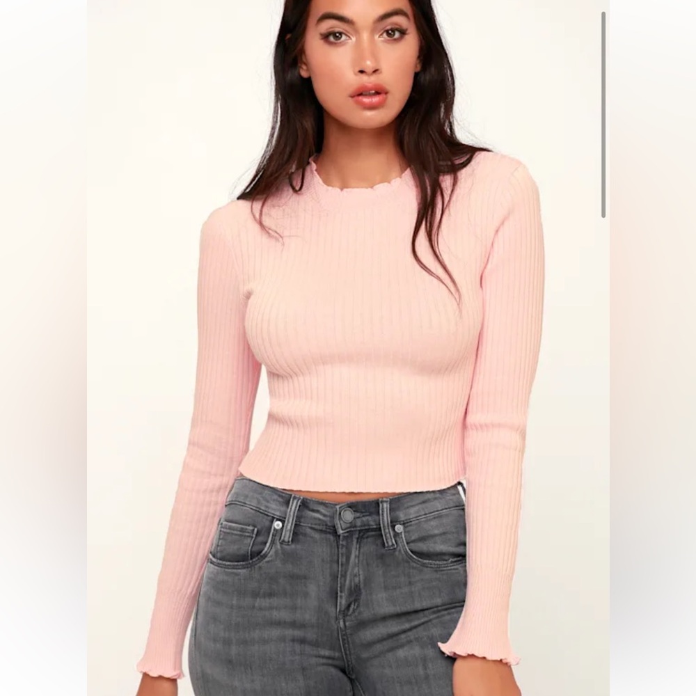 Hannie Blush Pink Lettuce Edge Ribbed Cropped Sweater Top